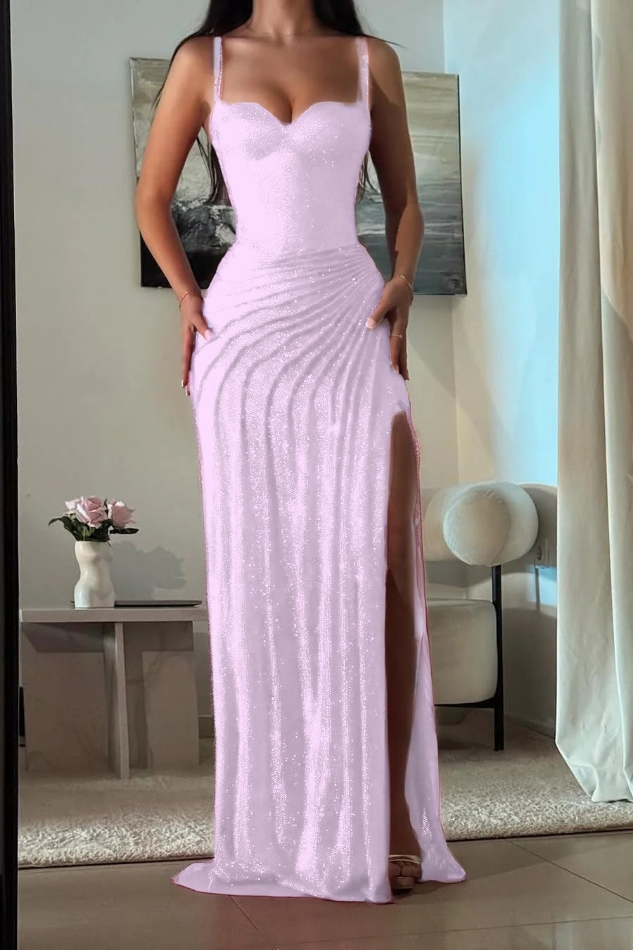 Amazing Fuchsia Sequins Spaghetti Strap Sweetheart Sleeveless Pleated Prom Dress with Split
