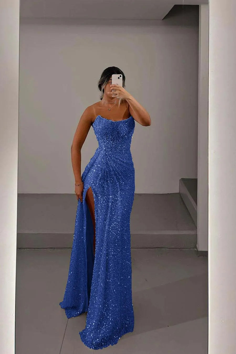 Glamorous Light Pink Sequins Strapless Sleeveless Long Prom Dress with Split