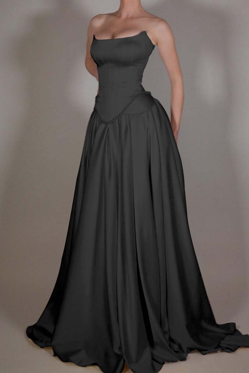 Exquisite Satin Ivory Sleeveless Strapless Long Pleated Prom Dress with Beadings