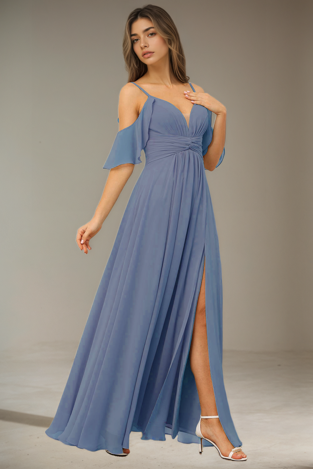 Simple Chiffon Spaghetti Strap Off the Shoulder Bridesmaid Dress with Split