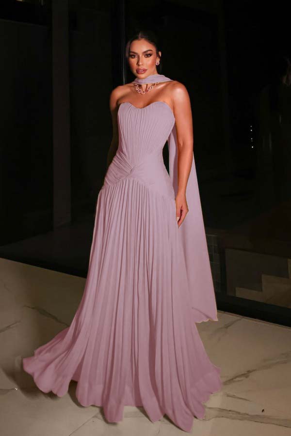 Glamorous Strapless Sleeveless Pleated Long Prom Dress with Scarf