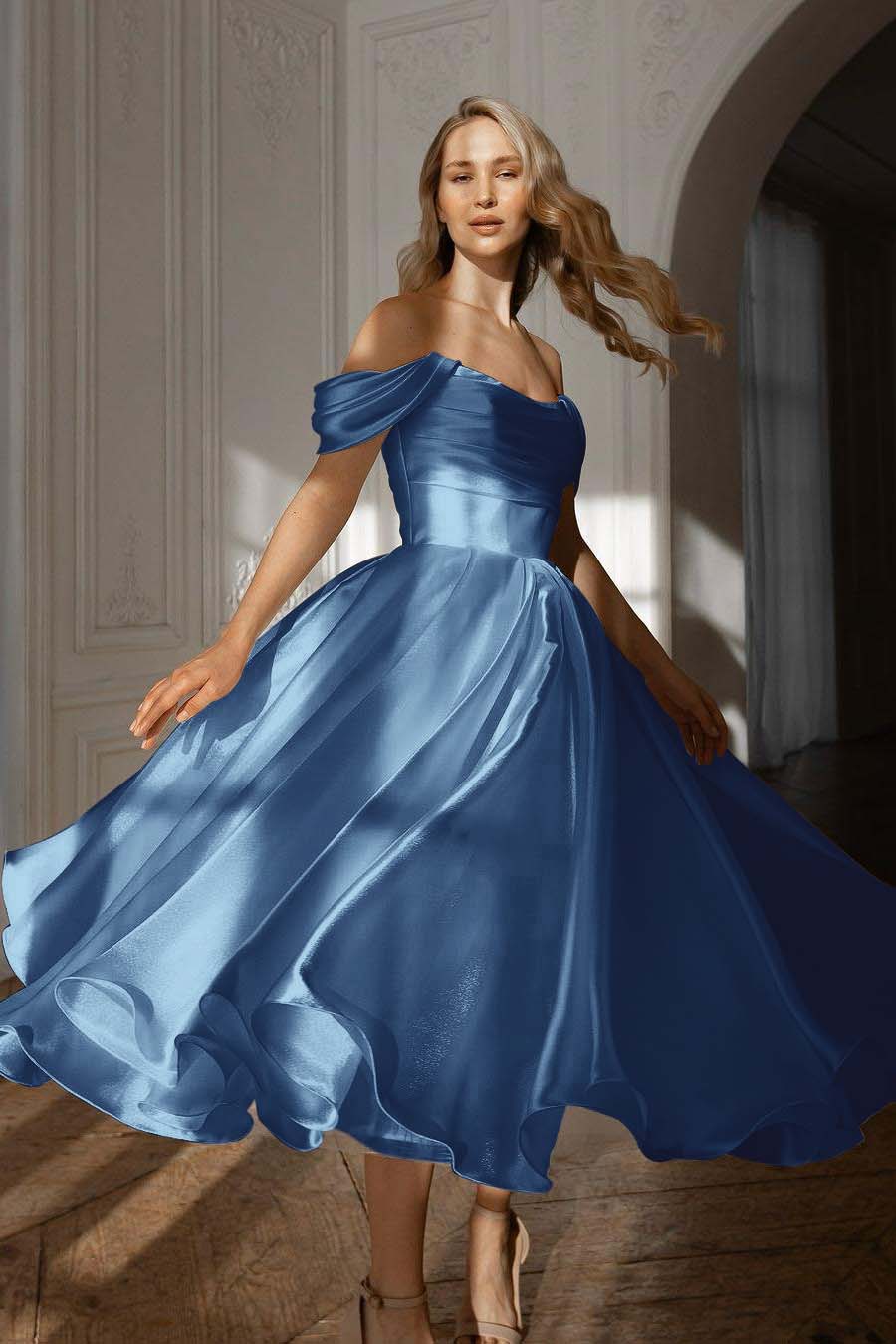 Exquisite White Satin Strapless Off the Shoulder A Line Prom Dress with Ruffles