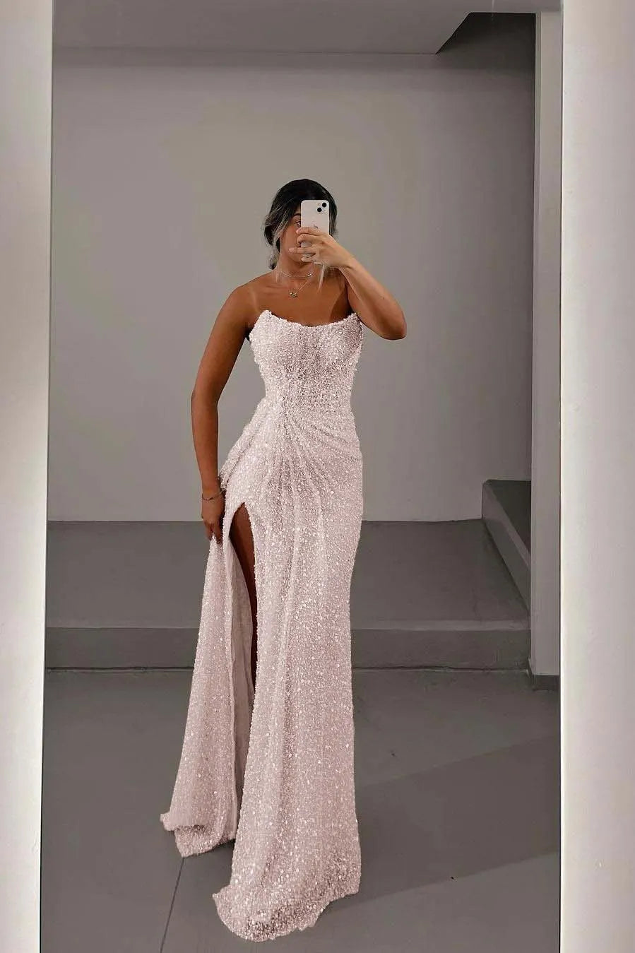 Glamorous Light Pink Sequins Strapless Sleeveless Long Prom Dress with Split
