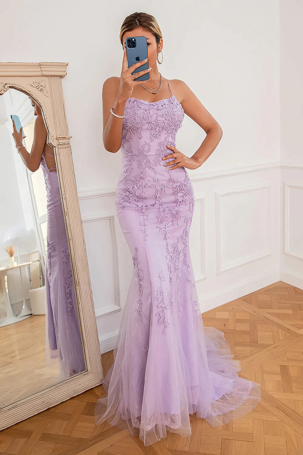 Mermaid Blue Long Prom Dress Backless Evening Dress