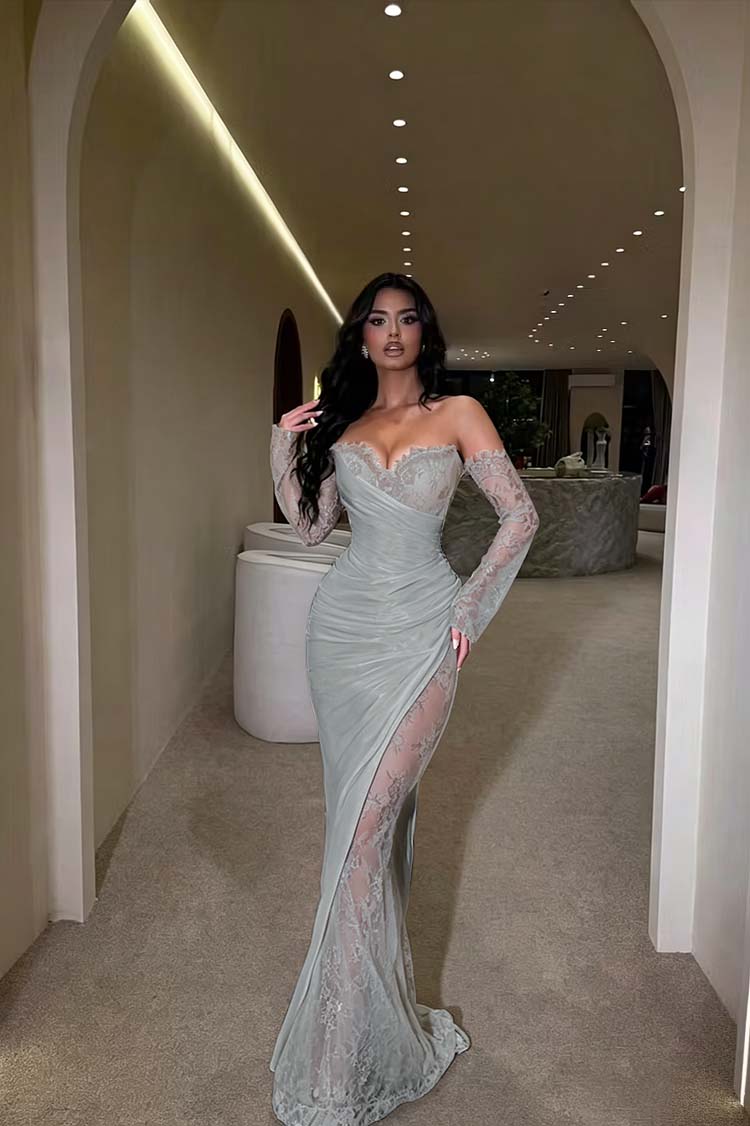 Glamorous Brown Long Sleeves Strapless V Neck Long Prom Dress with Pleated