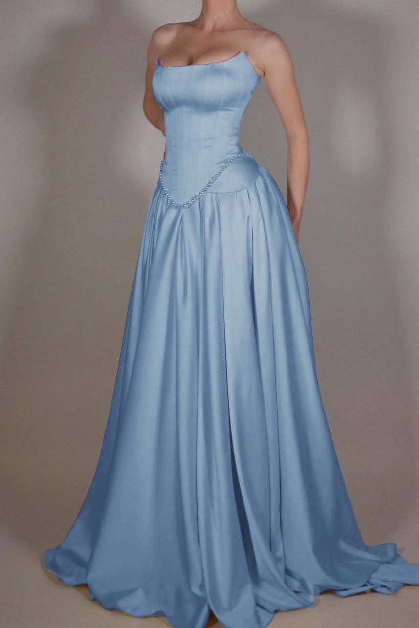 Exquisite Satin Ivory Sleeveless Strapless Long Pleated Prom Dress with Beadings
