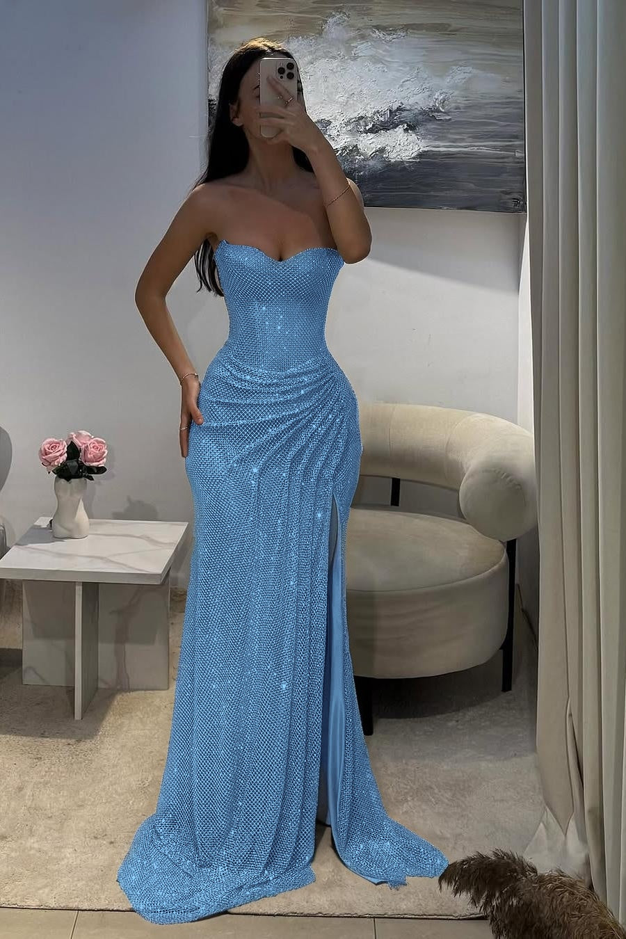 Shinning Silver Sweetheart Sleeveless Long Pleated Prom Dress with Split