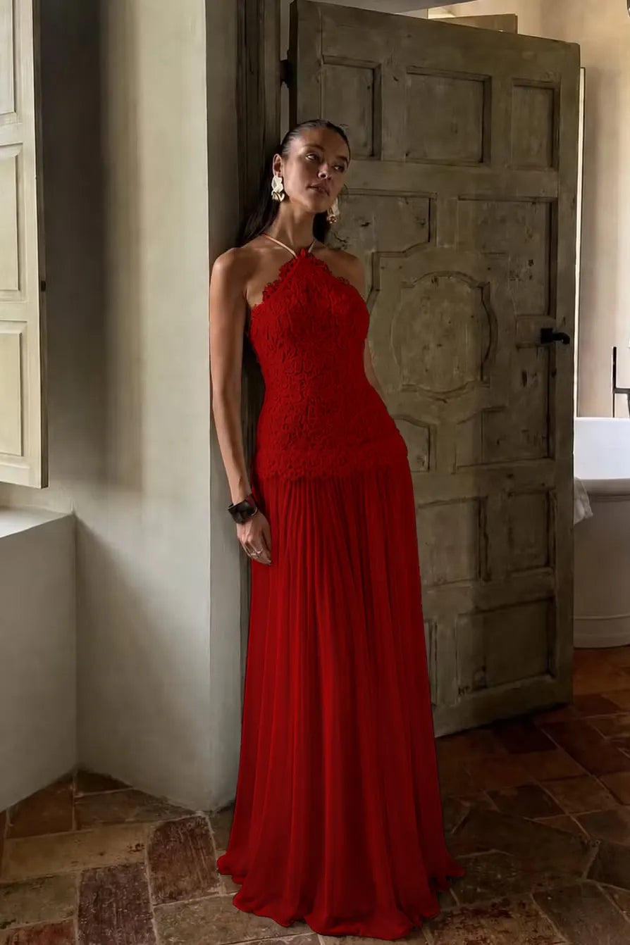 Elegant White Lace Sleeveless Halter Long Prom Dress with Pleated