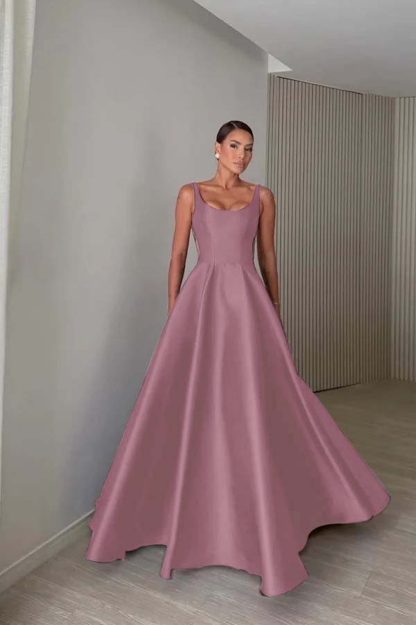 Elegant Satin Wide Shoulder Straps Sleeveless Backless Prom Dress