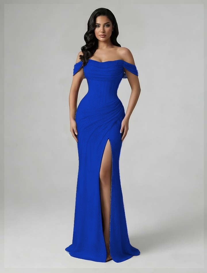 Charming Burgundy Off-The-Shoulder Pleated Prom Dress With Split