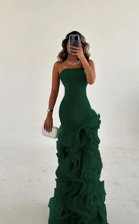 Amazing Dusty Blue Sleeveless Strapless Long Prom Dress with Ruffles
