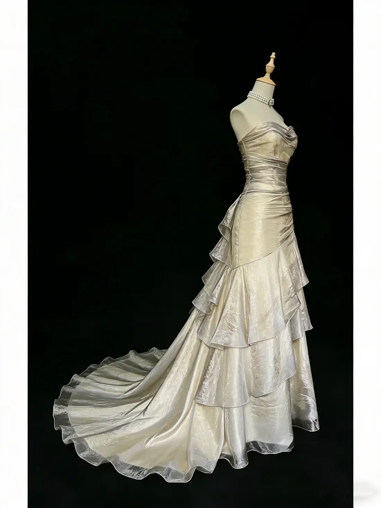 Stunning Beige Sleeveless Strapless Train Long Prom Dress with Ruffles