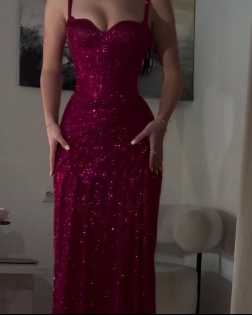 Amazing Fuchsia Sequins Spaghetti Strap Sweetheart Sleeveless Pleated Prom Dress with Split