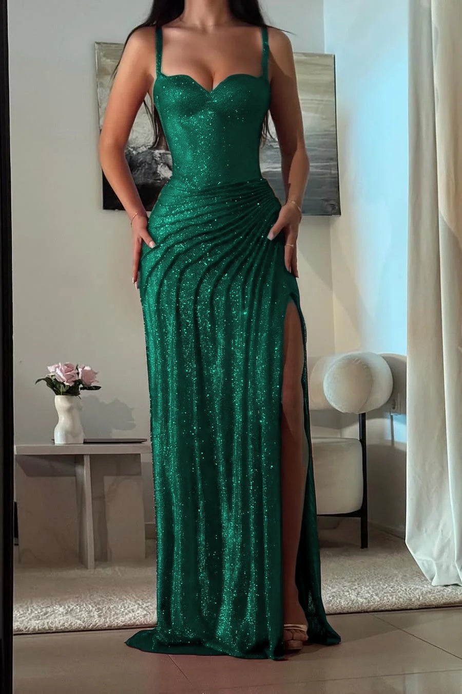 Amazing Fuchsia Sequins Spaghetti Strap Sweetheart Sleeveless Pleated Prom Dress with Split