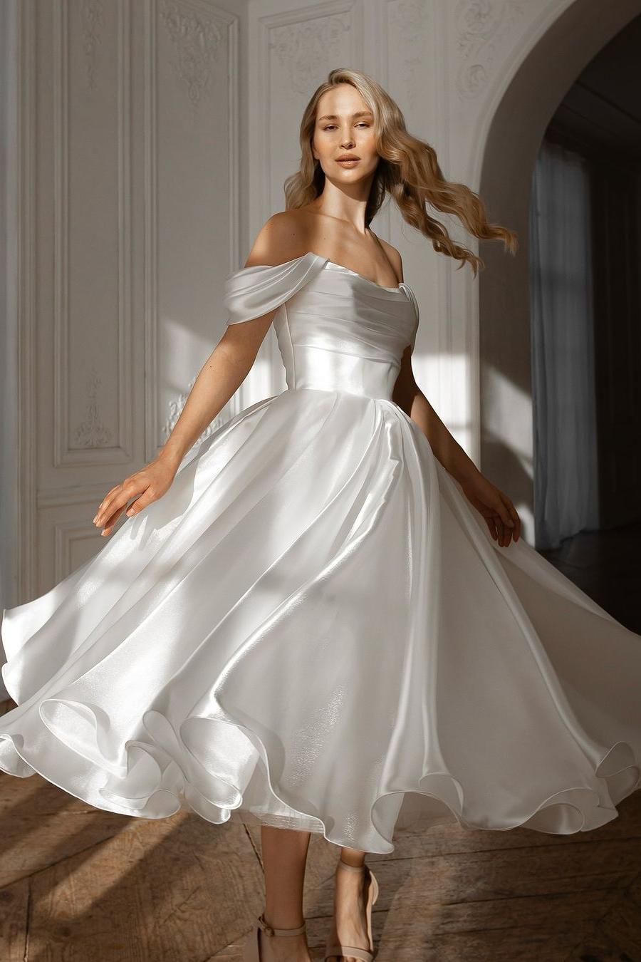 Exquisite White Satin Strapless Off the Shoulder A Line Prom Dress with Ruffles