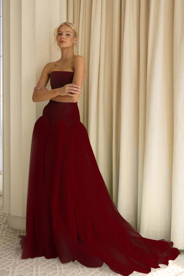 Sexy Sage Tulle Strapless Sleeveless Long Prom Dress with Pleated