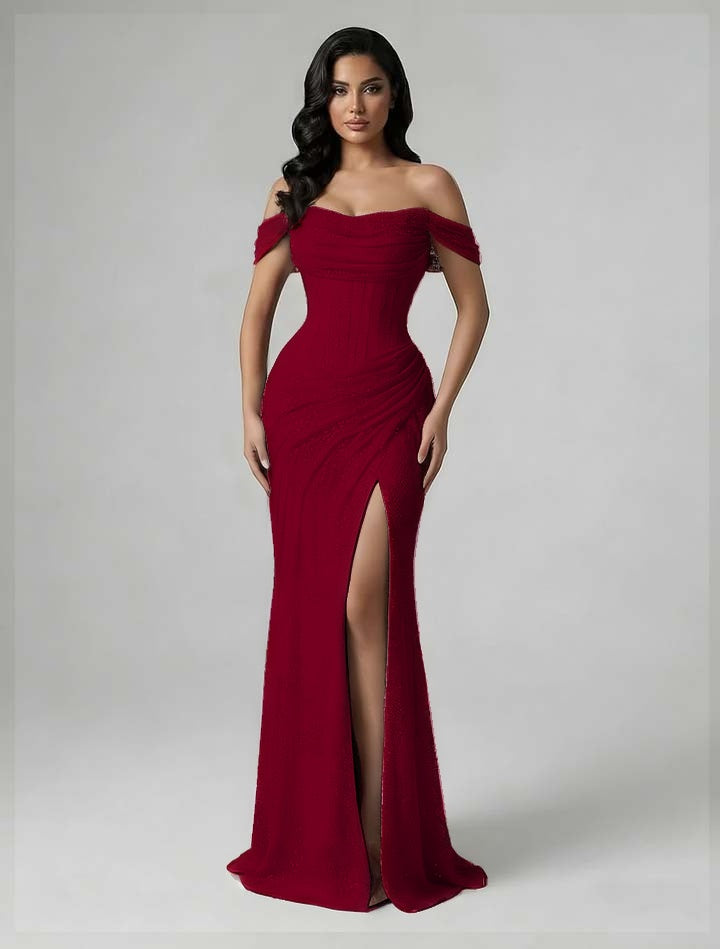 Charming Burgundy Off-The-Shoulder Pleated Prom Dress With Split