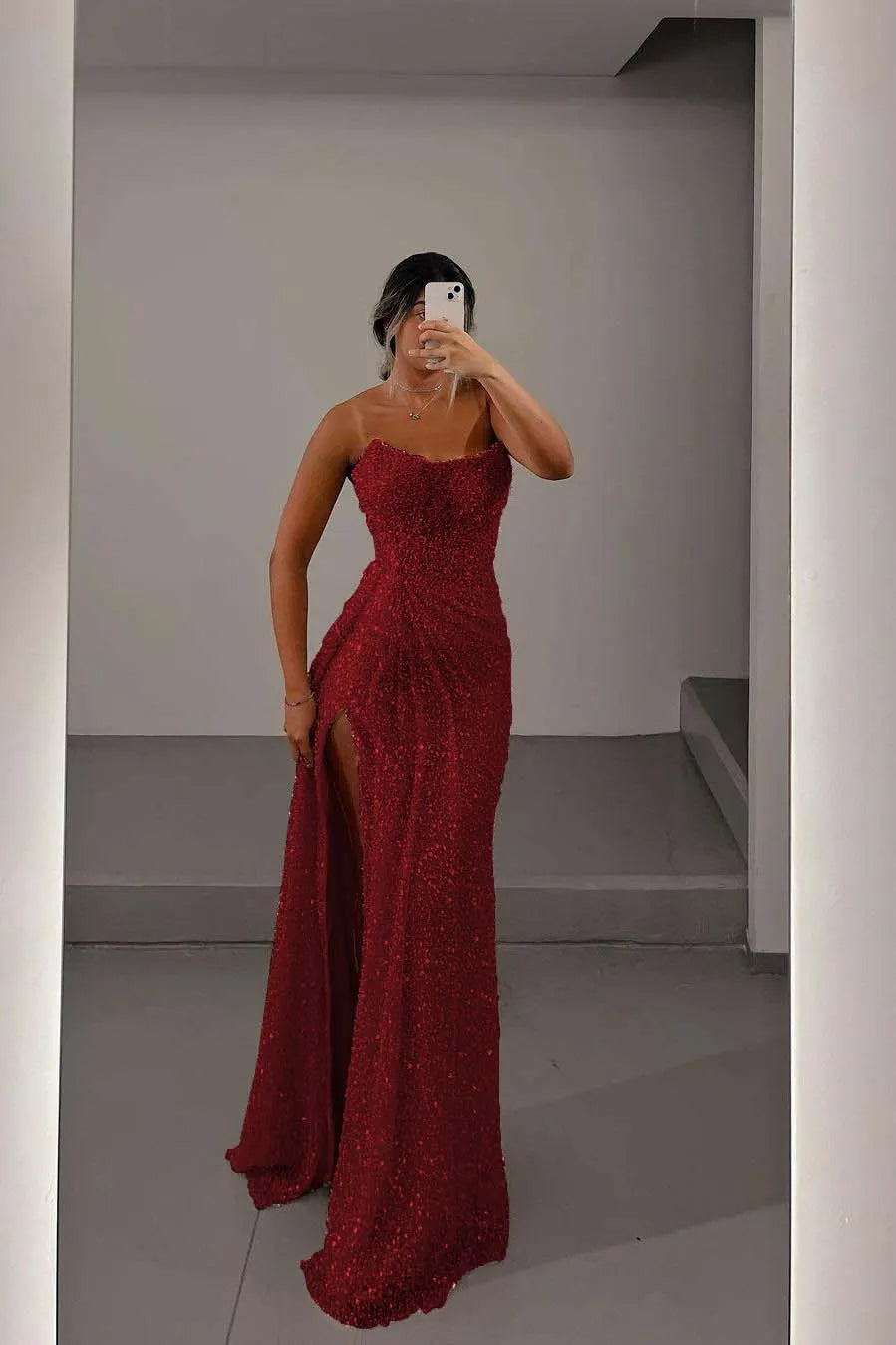 Glamorous Light Pink Sequins Strapless Sleeveless Long Prom Dress with Split