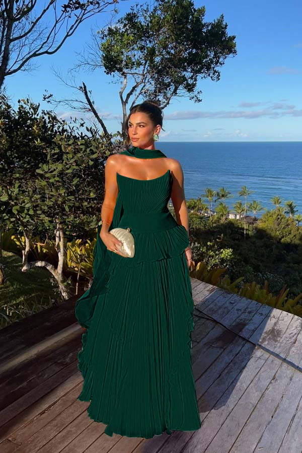 Chic Chiffon Strapless Sleeveless Pleated Prom Dress with Scarf