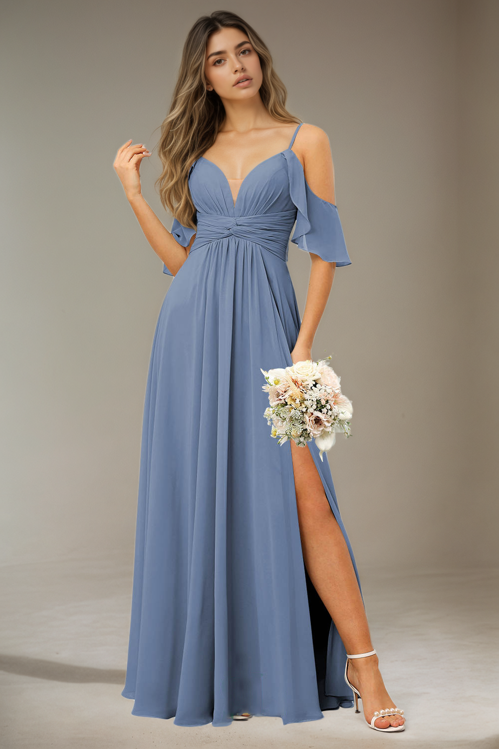 Simple Chiffon Spaghetti Strap Off the Shoulder Bridesmaid Dress with Split