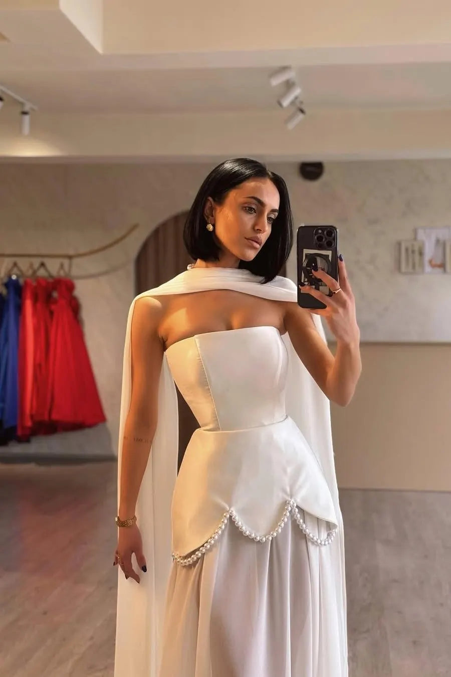 Glamorous White Satin Strapless Sleeveless Long Pleated Prom Dress with Beadings