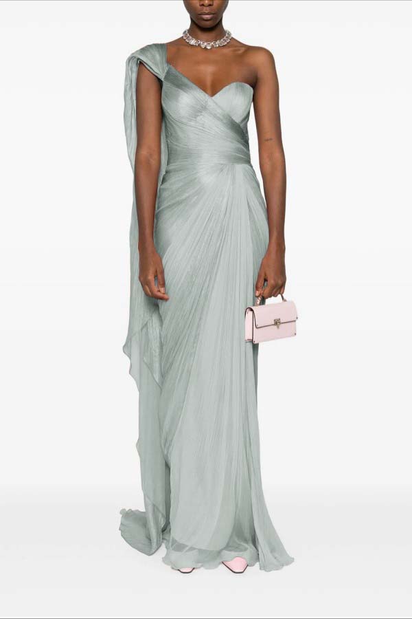 Charming Pink One Shoulder Sleeveless Pleated Prom Dress with Train