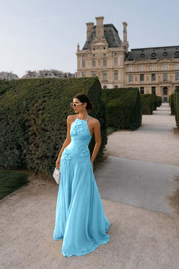 Elegant Yellow Chiffon Halter Sleeveless Applique Prom Dress with Pleated