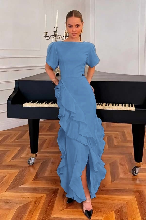 Charming Black Jewel Neck Short Sleeves Ruffles Prom Dress with Split