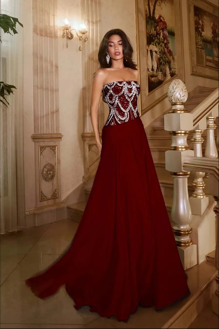 Exquisite DarkNavy Chiffon Sleeveless Strapless Prom Dress with Sequins