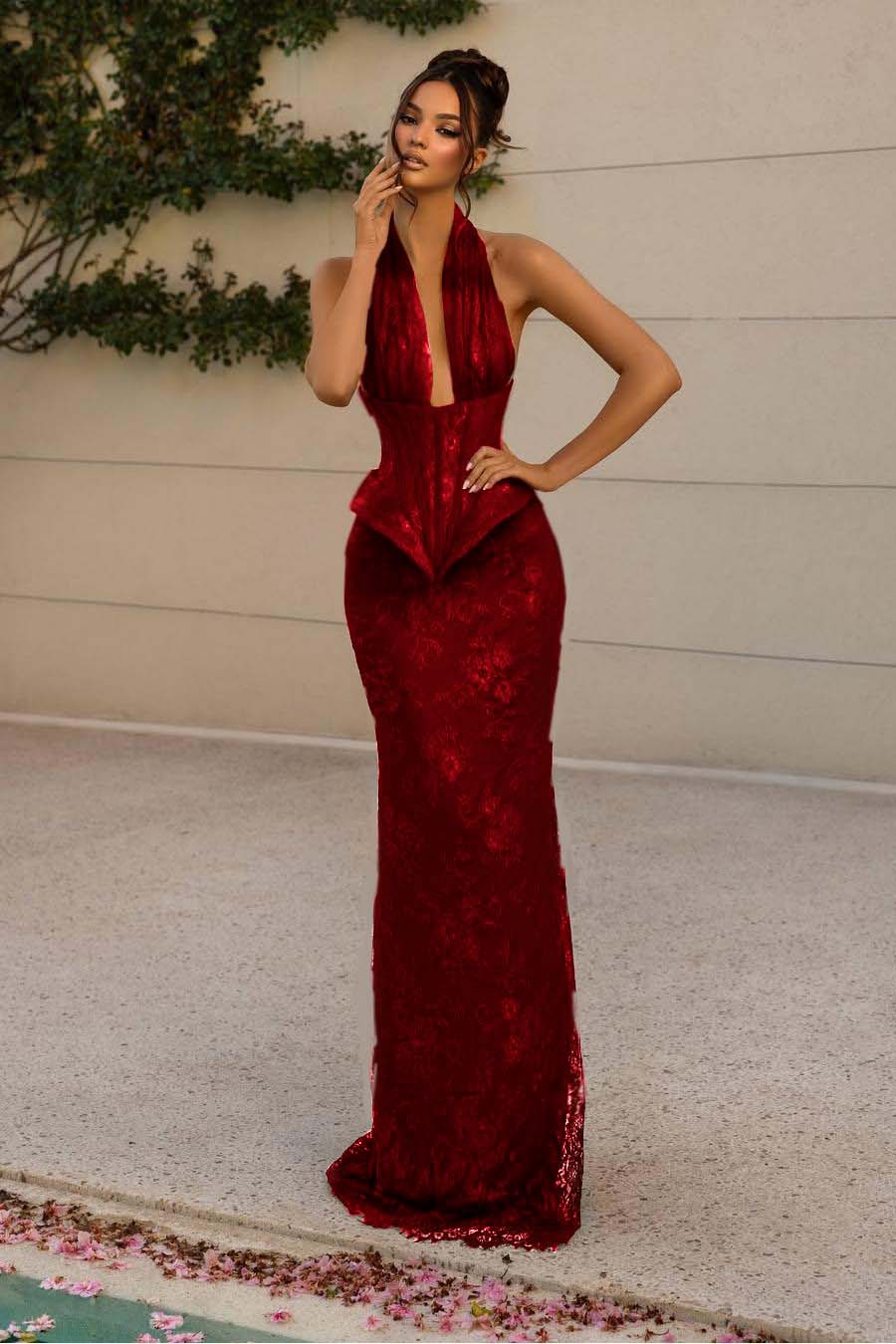 Luxurious Burgundy Halter Sleeveless Lace Slim Long Prom Dress