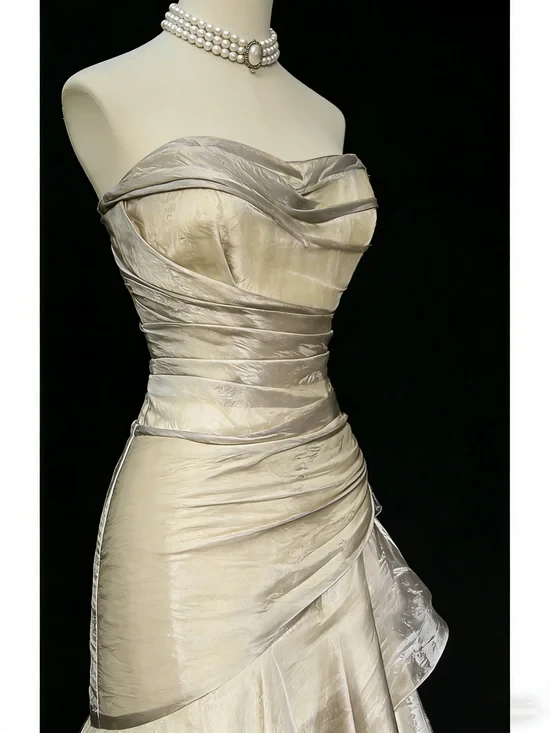 Stunning Beige Sleeveless Strapless Train Long Prom Dress with Ruffles