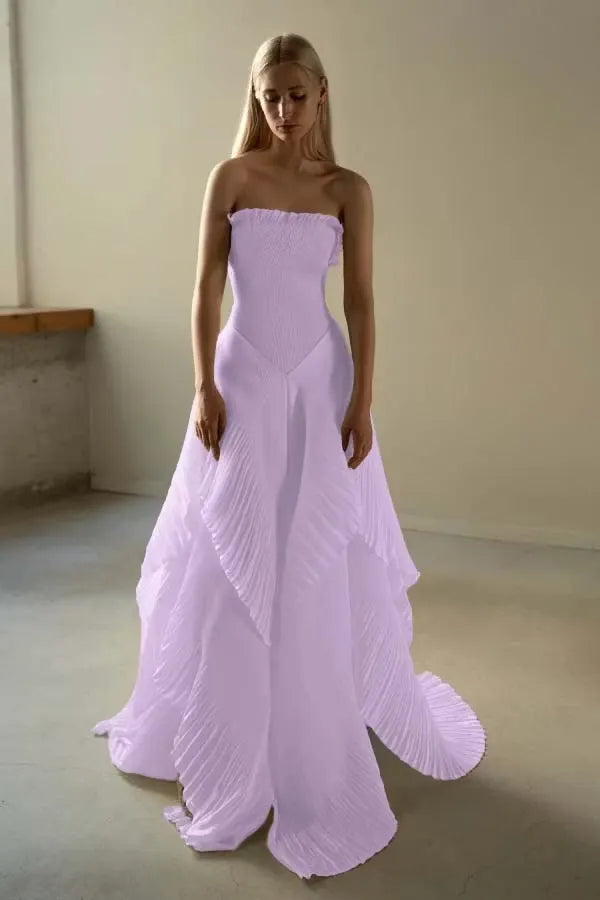 Chic Ivory Chiffon Strapless Sleeveless Slim Long Prom Dress with Ruffles