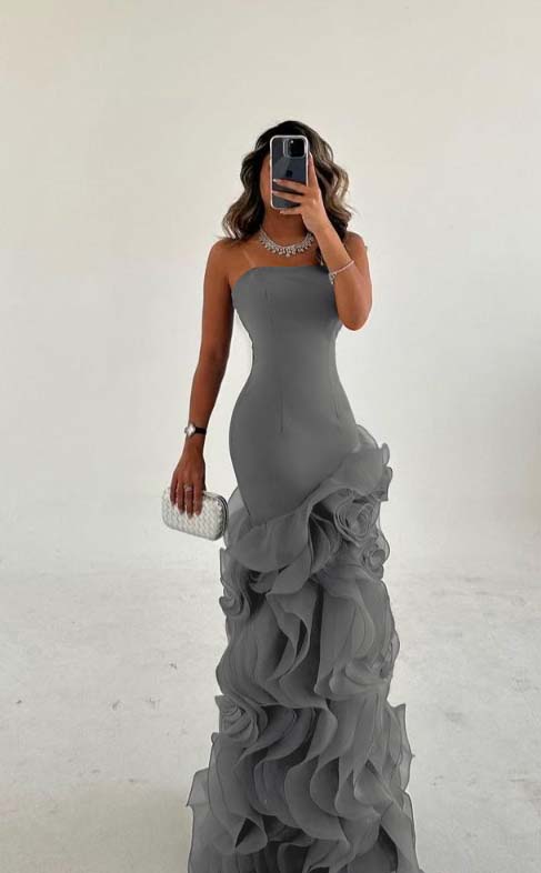 Amazing Dusty Blue Sleeveless Strapless Long Prom Dress with Ruffles
