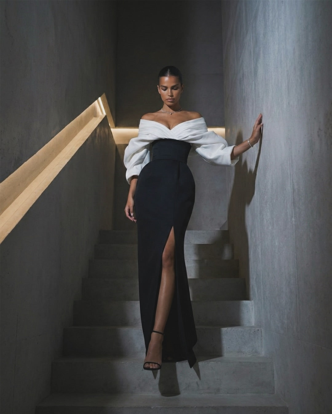 Charming  Long Sleeves Black And White Off-The-Shoulder Split Long Prom Dress