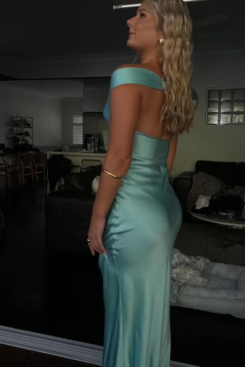 Beautiful Mint Green Satin Off the Shoulder Long Slim Prom Dress with Pleated
