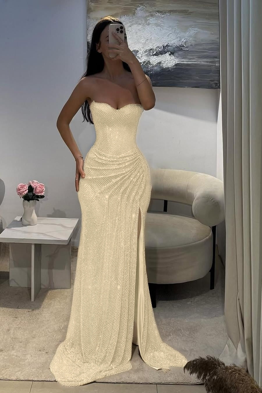 Shinning Silver Sweetheart Sleeveless Long Pleated Prom Dress with Split
