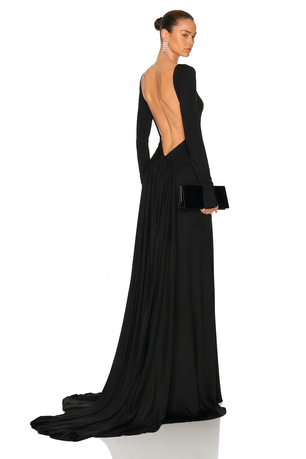 Caterina Black Open Back Maxi Gown with Train