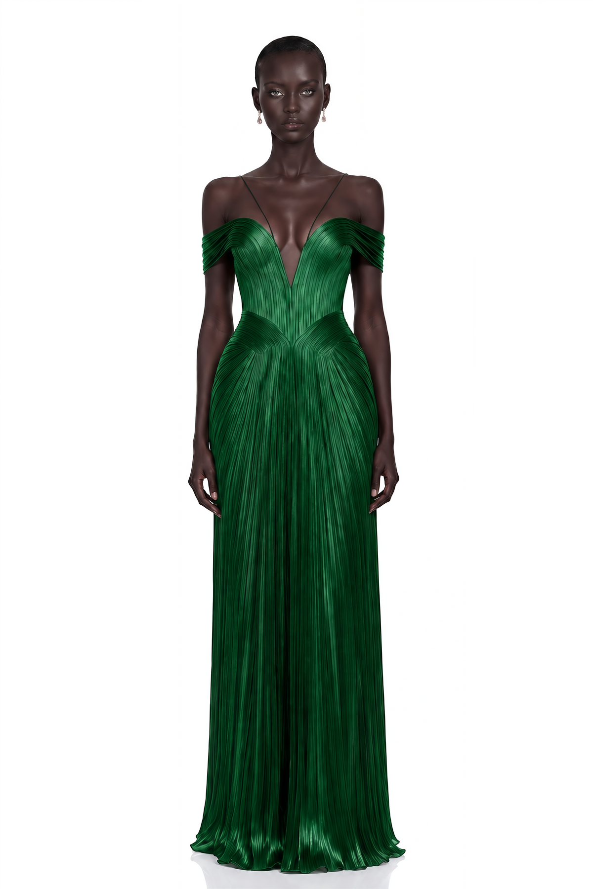 Marise Green Draped Pleated Maxi Dress