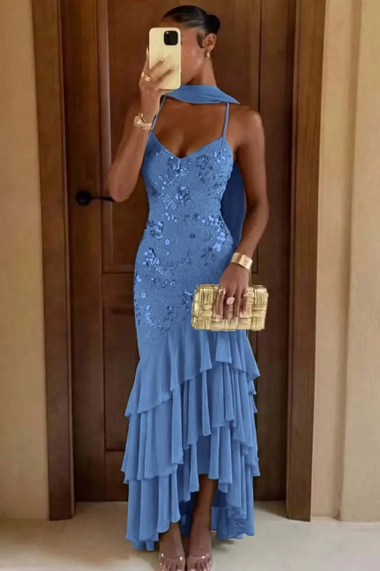 Chic Green Chiffon Sleeveless Spaghetti Strap Ruffles Hem Long Prom Dress with Scarf