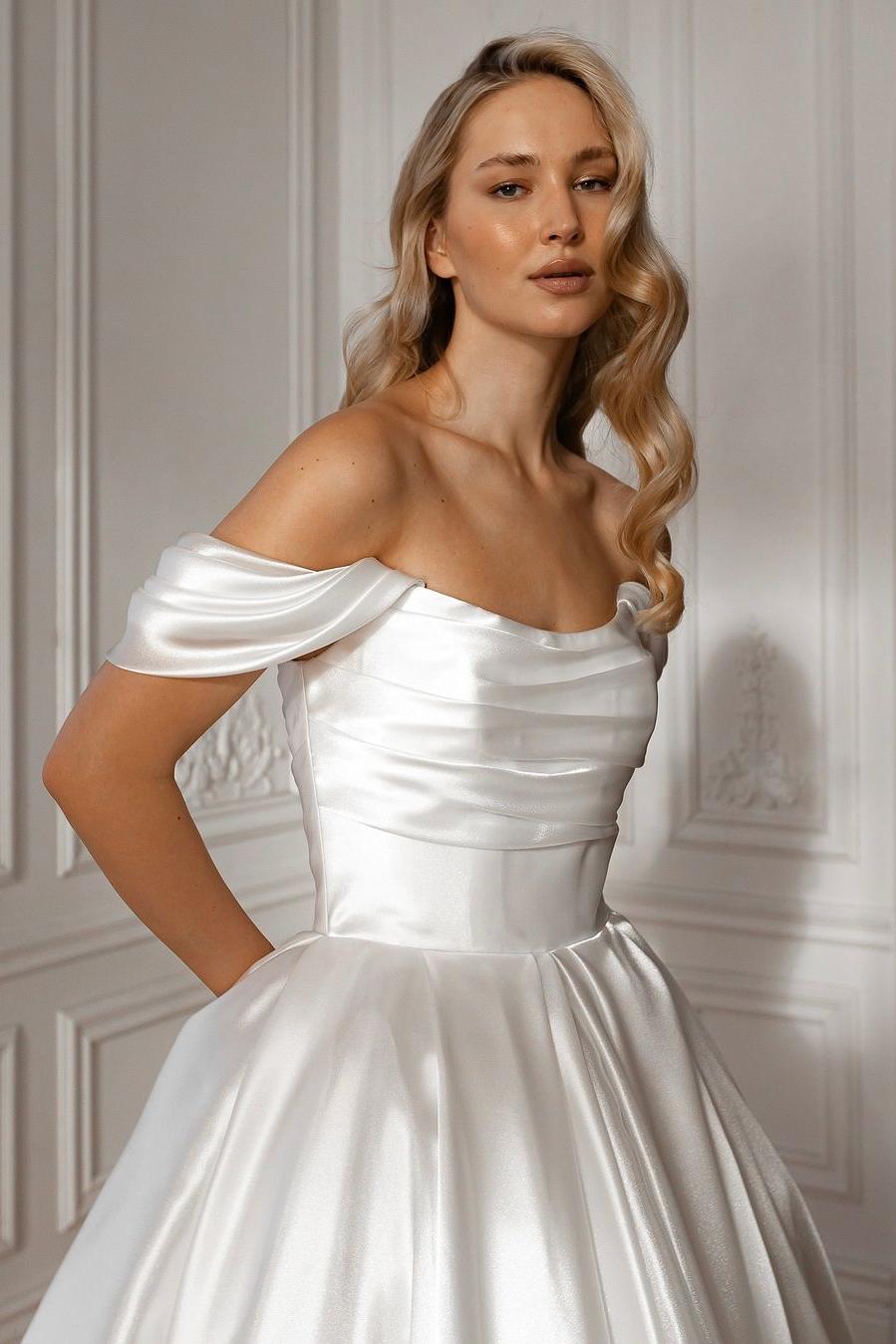 Exquisite White Satin Strapless Off the Shoulder A Line Prom Dress with Ruffles