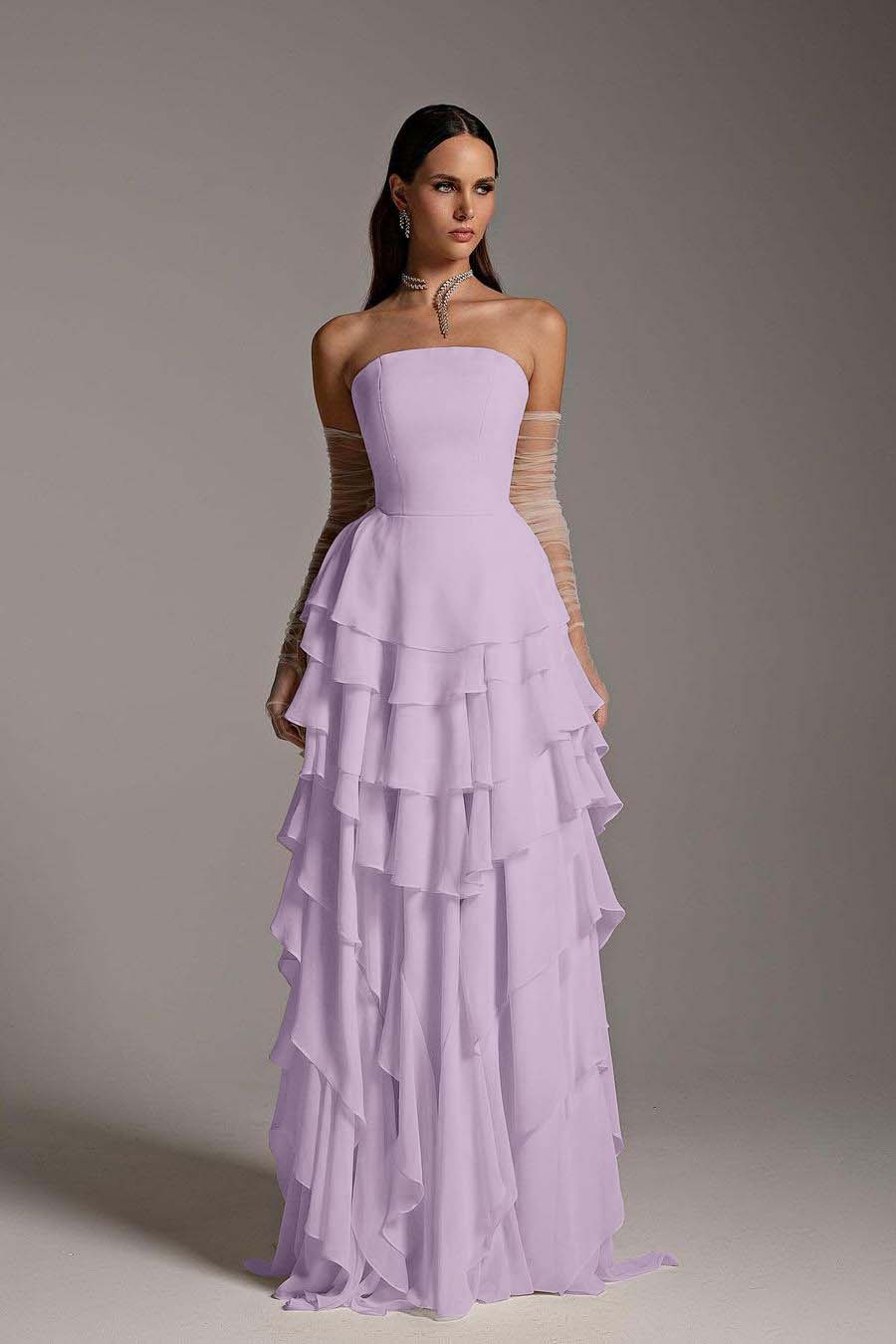 Charming Daffodil Chiffon Sleeveless Strapless Long Cake Prom Dress with Gloves