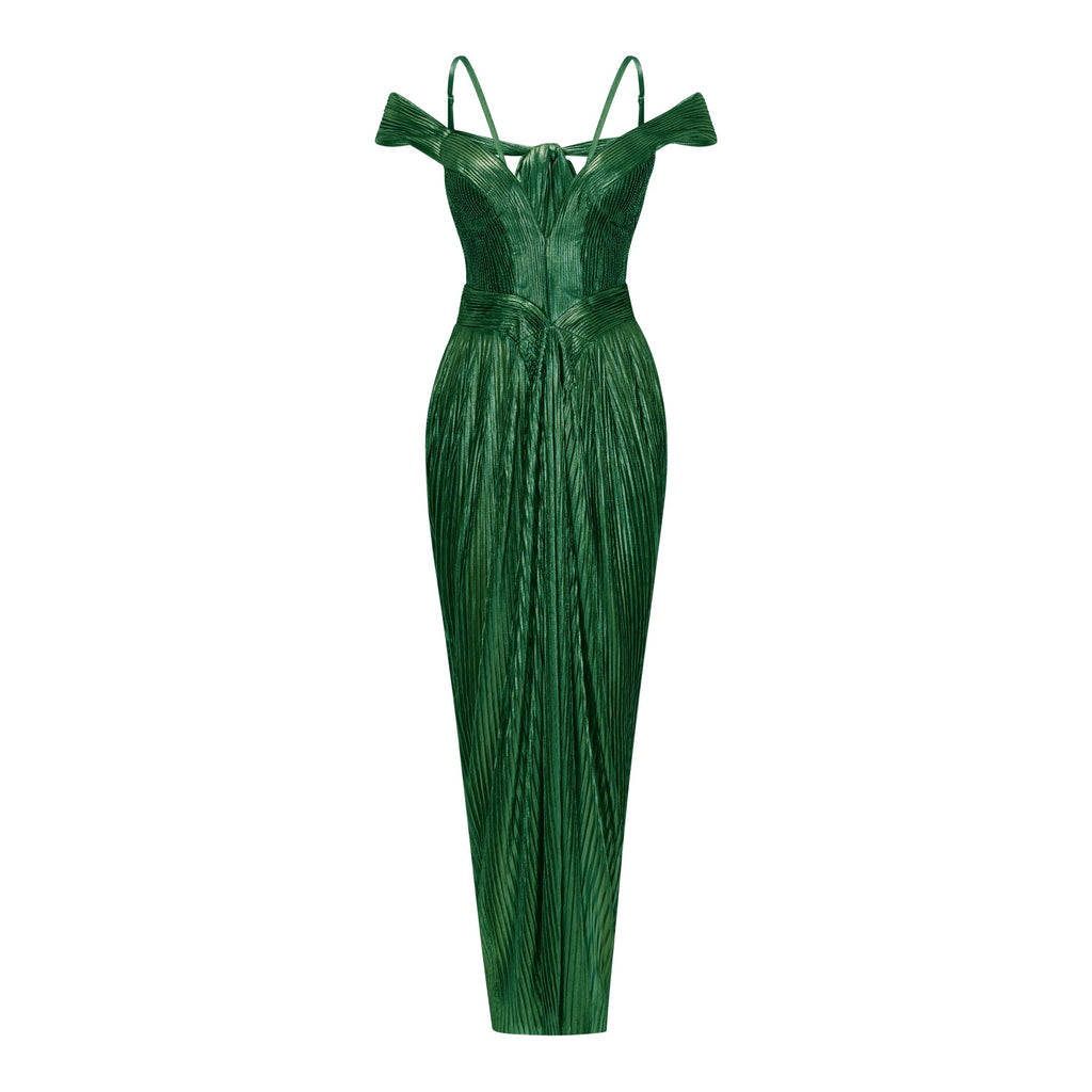 Marise Green Draped Pleated Maxi Dress