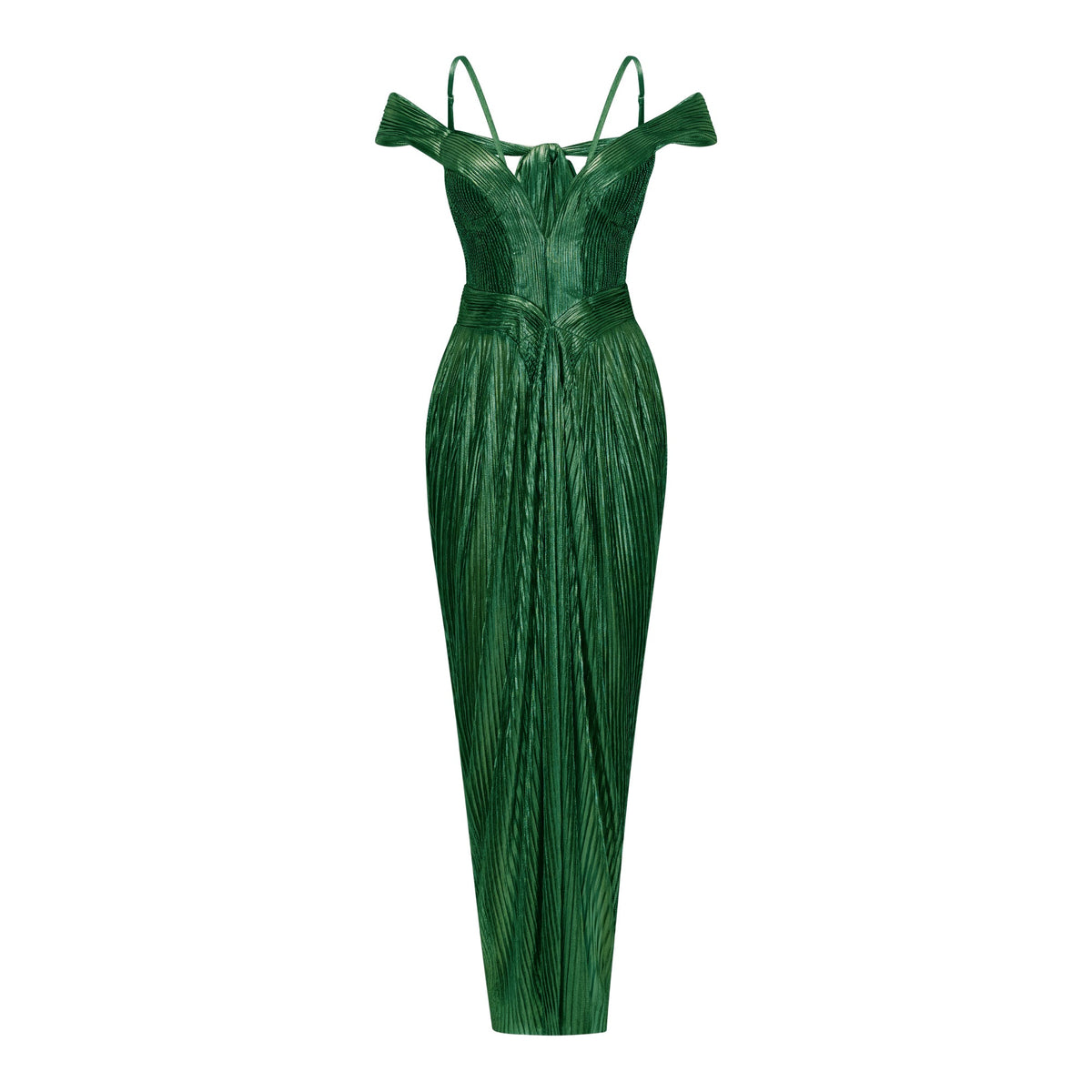 Marise Green Draped Pleated Maxi Dress