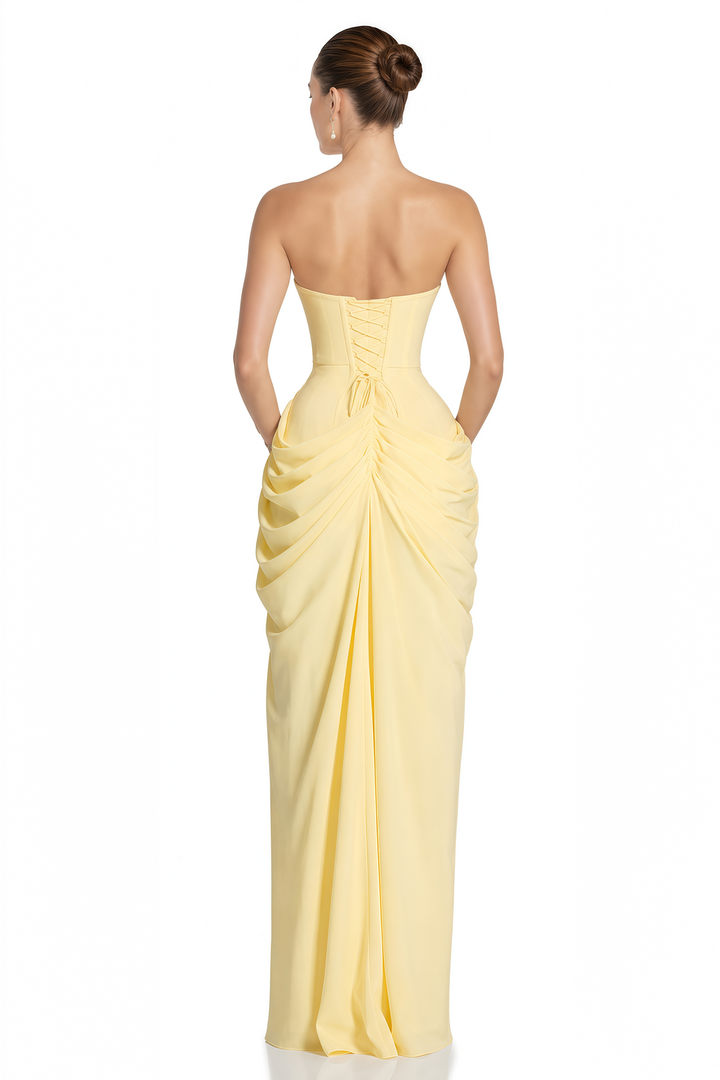 Safiya Yellow Ruched Maxi Dress with Cross Front