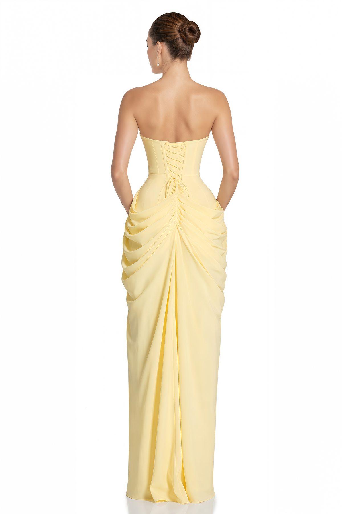 Safiya Yellow Ruched Maxi Dress with Cross Front
