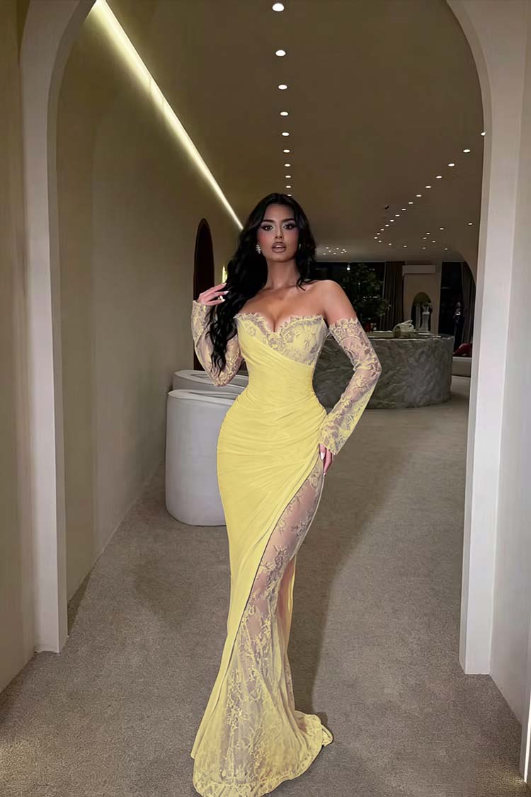 Glamorous Brown Long Sleeves Strapless V Neck Long Prom Dress with Pleated