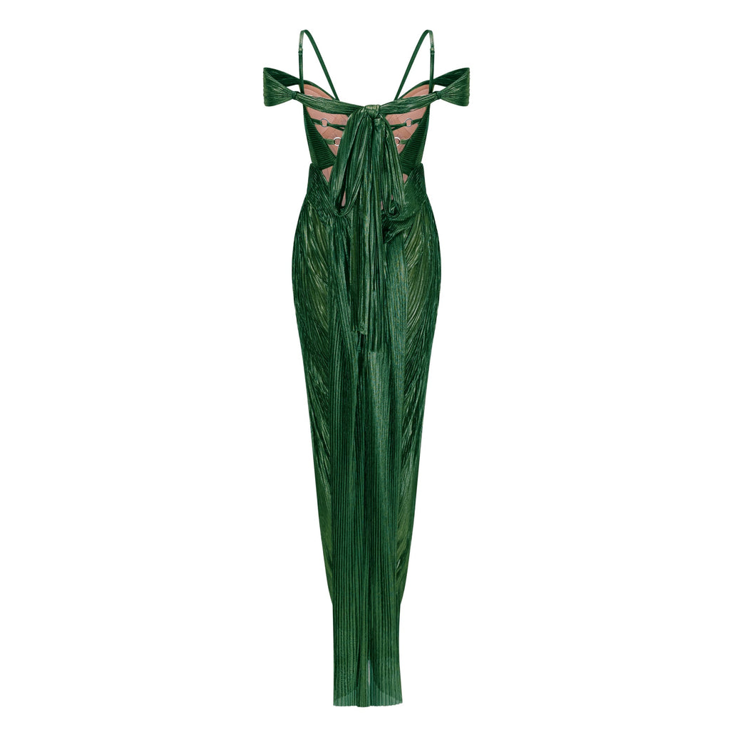 Marise Green Draped Pleated Maxi Dress