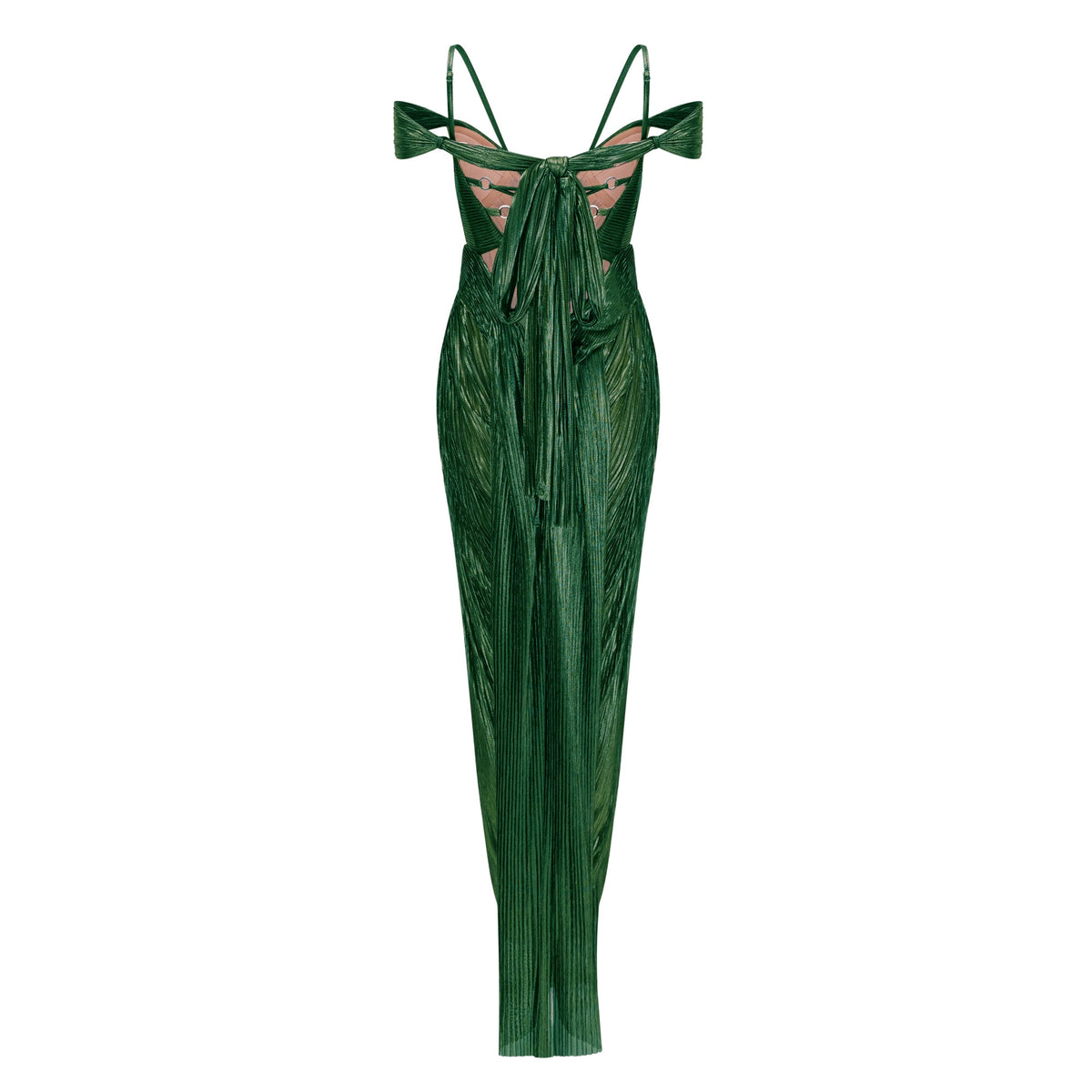 Marise Green Draped Pleated Maxi Dress