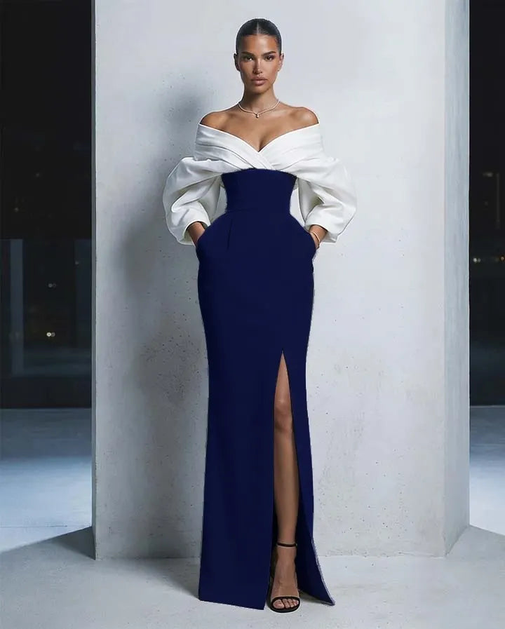 Charming  Long Sleeves Black And White Off-The-Shoulder Split Long Prom Dress