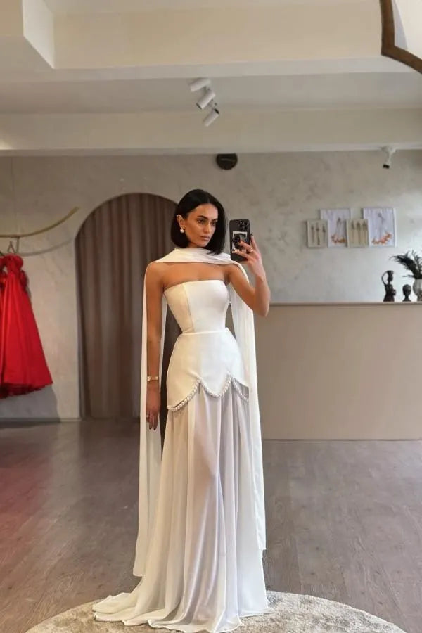 Glamorous White Satin Strapless Sleeveless Long Pleated Prom Dress with Beadings